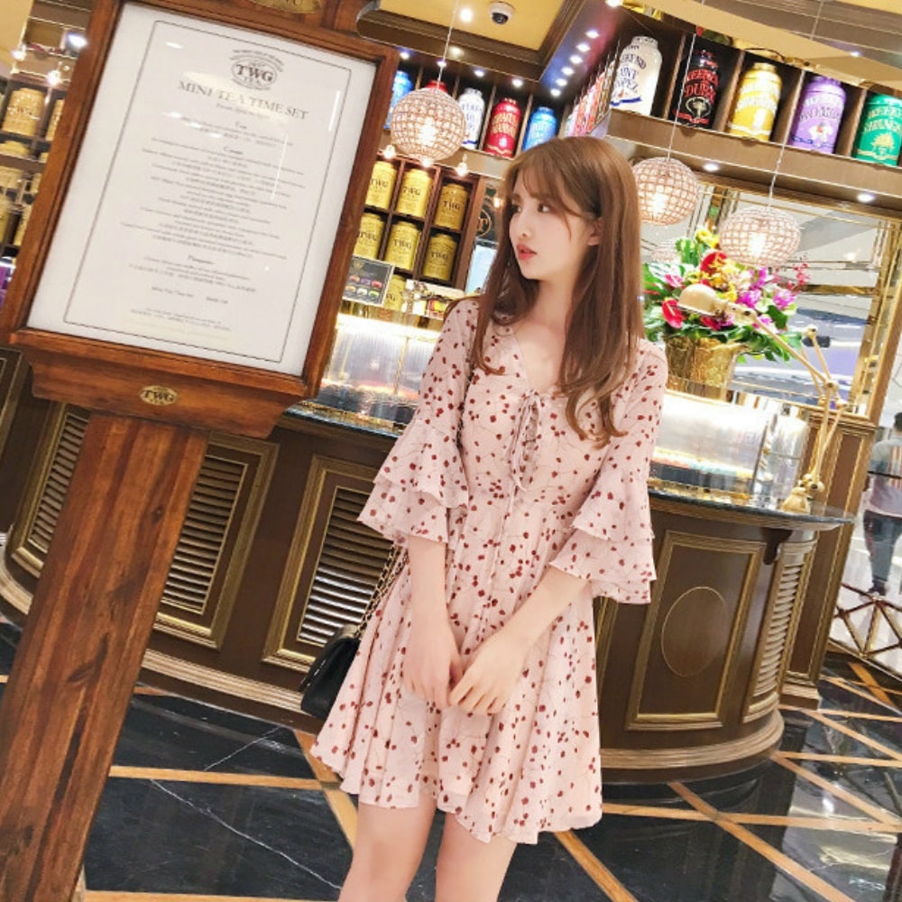 1631.花柄フリルミニワンピース（ピンク）2019 春夏 sale 通学 ビーチ 海 プール 女子会 ランチ カフェ レストラン お呼ばれ