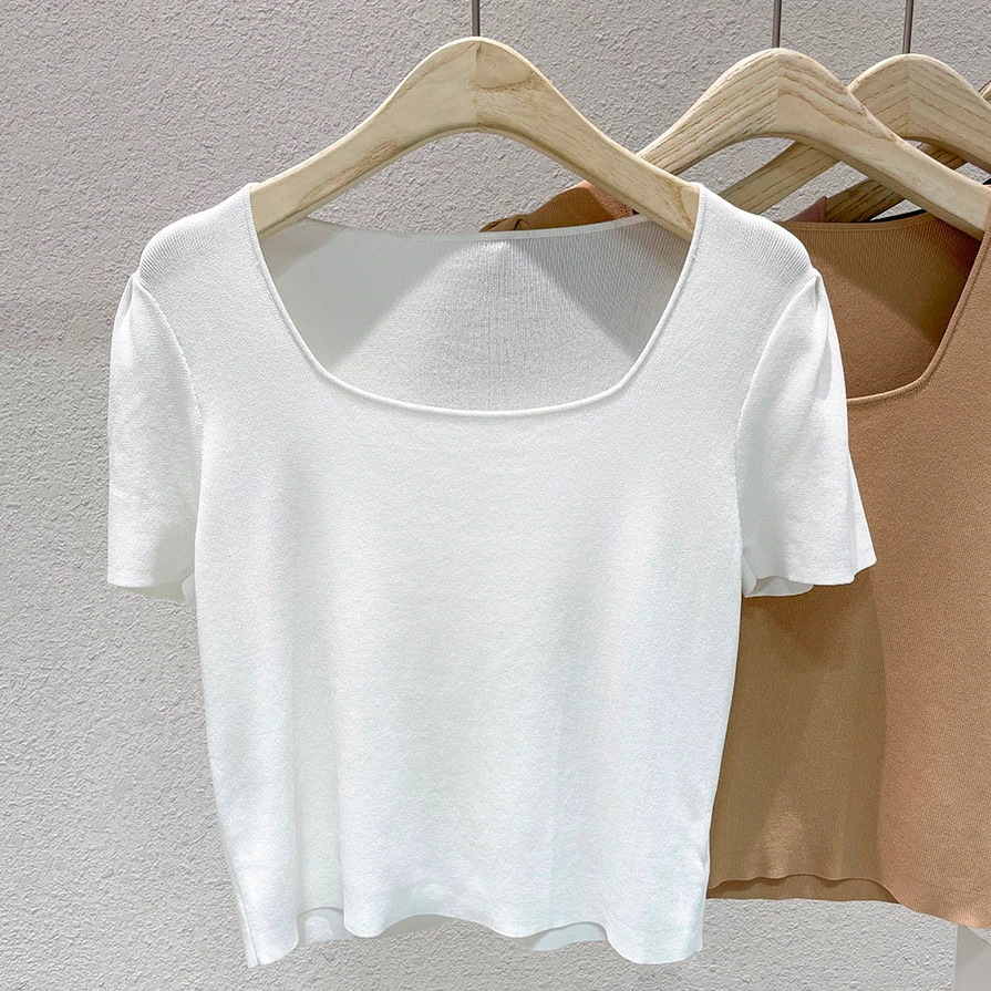 トップス レディース Tシャツ ニット きれいめ 個性的 人気 通販 春服 夏服 ショート 短め 半袖 スクエアネック SNS 映え モテ 楽ちん 涼しい カラバリあり S M L XL ベーシック