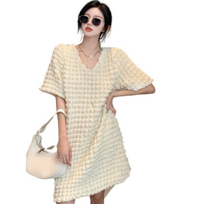 夏 バブルドレス 半袖 Vネック スキニースカート 面白い 大きめサイズ ワンピース 上品 高級感