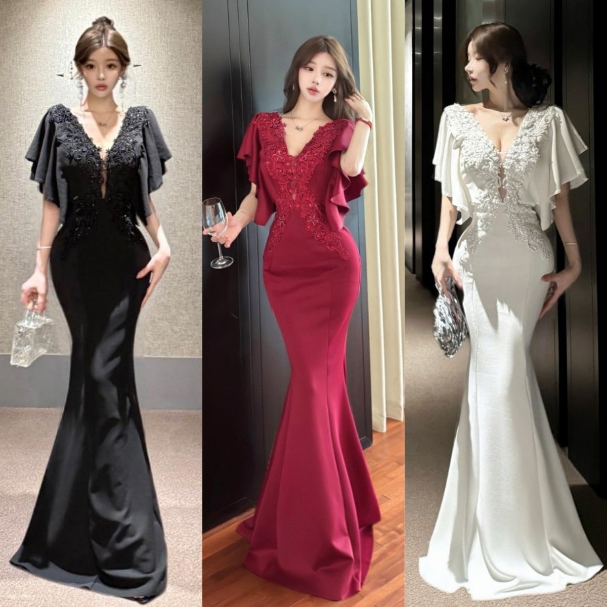 【急速出荷】送.料.無.料.深Vネックスタッズウエストフィッティング ロングスカート 結婚式OL正式な場合礼装 誕生日/成人式 ドレス