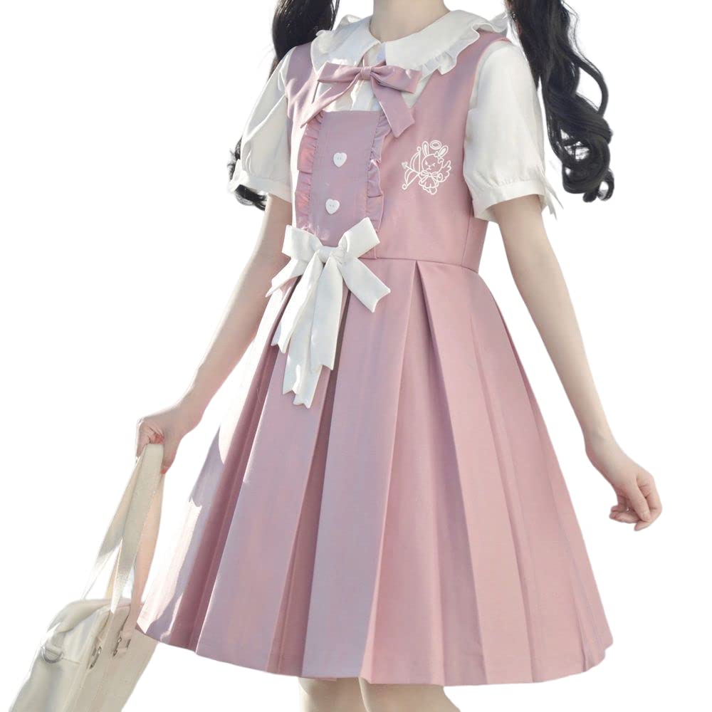 [山水集] JK制服 半袖ワンピース セーラー服 長袖 ドレス ピンク 黒 シャツワンピース 学園風 幼稚園風 可愛い 本格制服 学生服 3点セット (S, ピンク 半袖) 98845