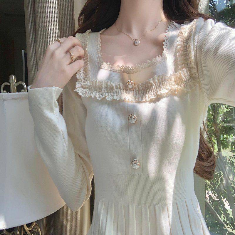 穏やかなスタイルと女性のためのスリムなニットドレス2024秋と冬の新しいフランスの小さなフレグランススタイルウエストクロージングベーススカート