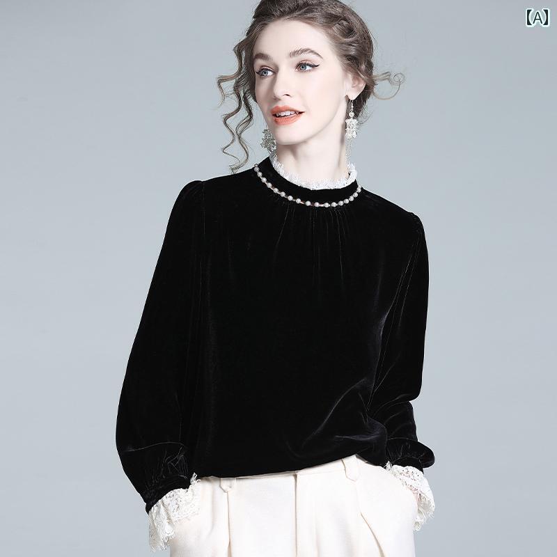 レディース　シャツ　レース　シルク ベルベット トップ 2025 春型 フレンチ レース ステッチ スタイリッシュ スモール シャツ ヘビー ビーズ Tシャツ