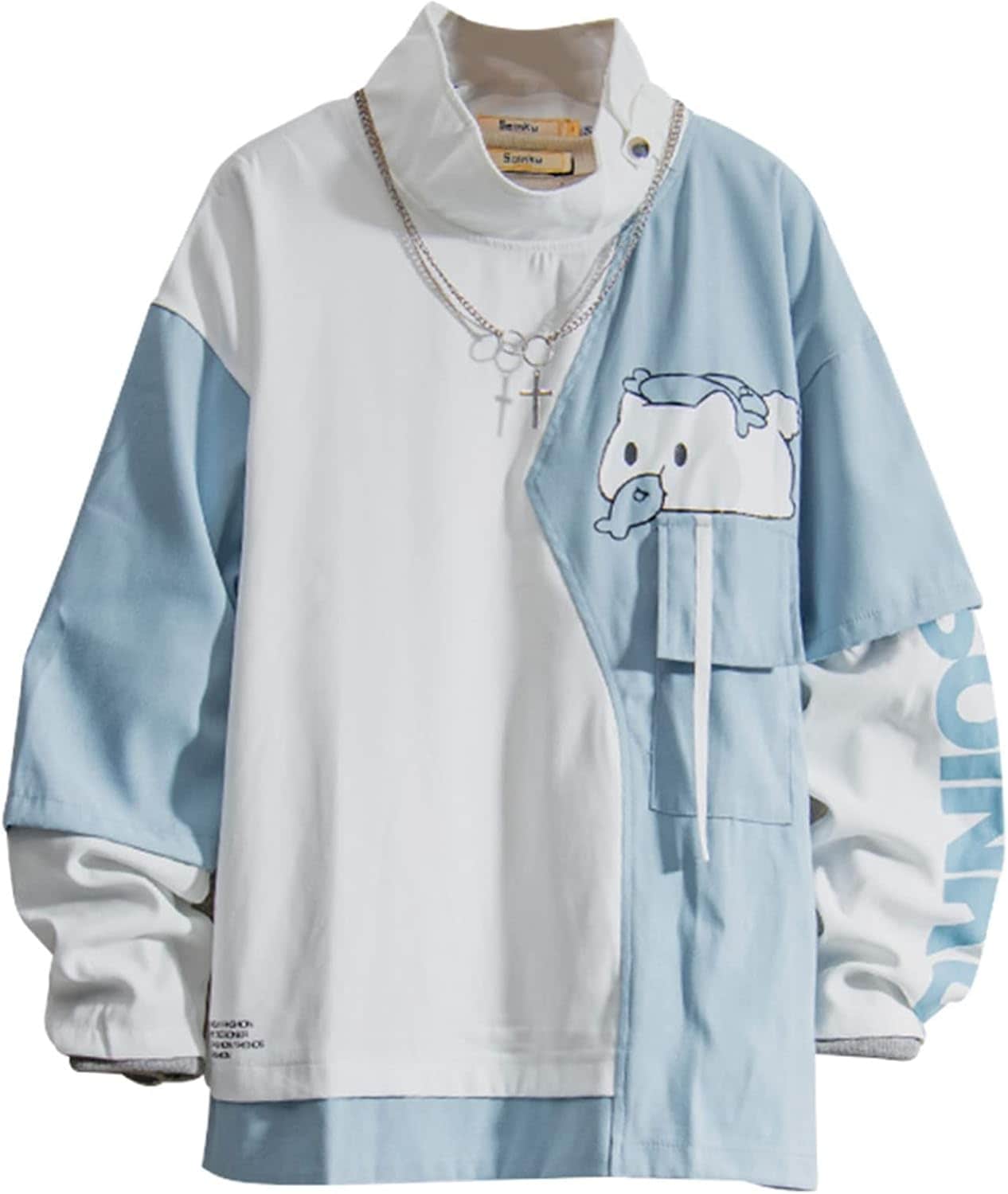 メンズ 長袖 パーカー プルオーバー かわいい 切り替え プリント スタンドカラー オシャレ 通気性 体型パカー トップス トレーナー コンフォート ソフト 丈長め カジュアル シンプル カ