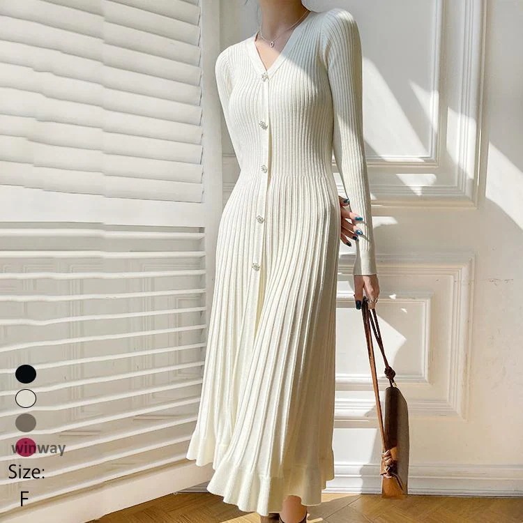 ニットワンピース レディース ワンピース 長袖 前開き フレアワンピース ロング丈 秋 冬 可愛い ゆったり 着痩せ ボタン付き カジュアル 結婚式 通勤 きれいめ