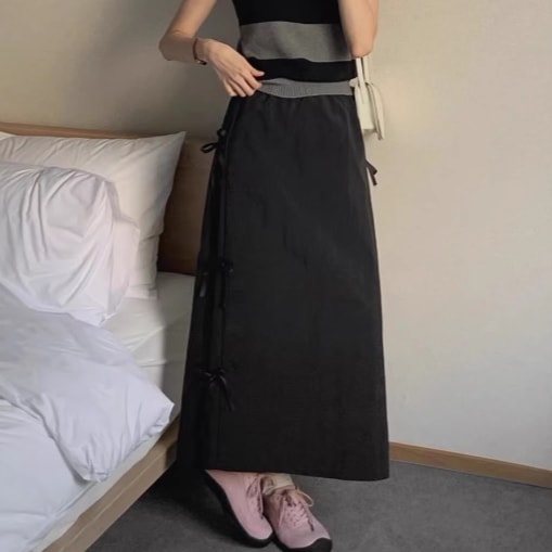 レディース スカート ミモレ タイト ストレート フェミニン リボン バックスリット ハイウエスト 大人可愛い シンプル カジュアル 上品 おしゃれ レトロ アジアン エスニック こなれ感 ラフ