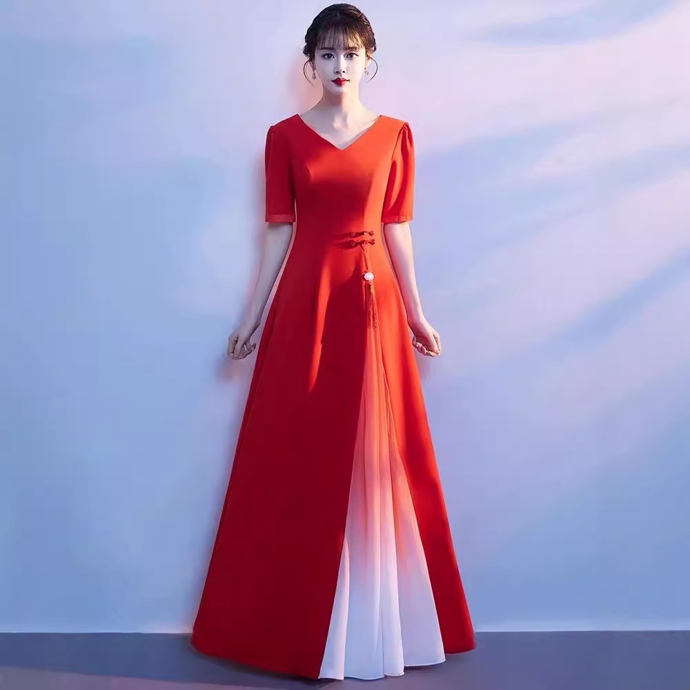 大きな赤いコーラス衣装女性ロングスカートvネックホステス詩を歌う赤い歌大きいサイズ古典舞踊古代風