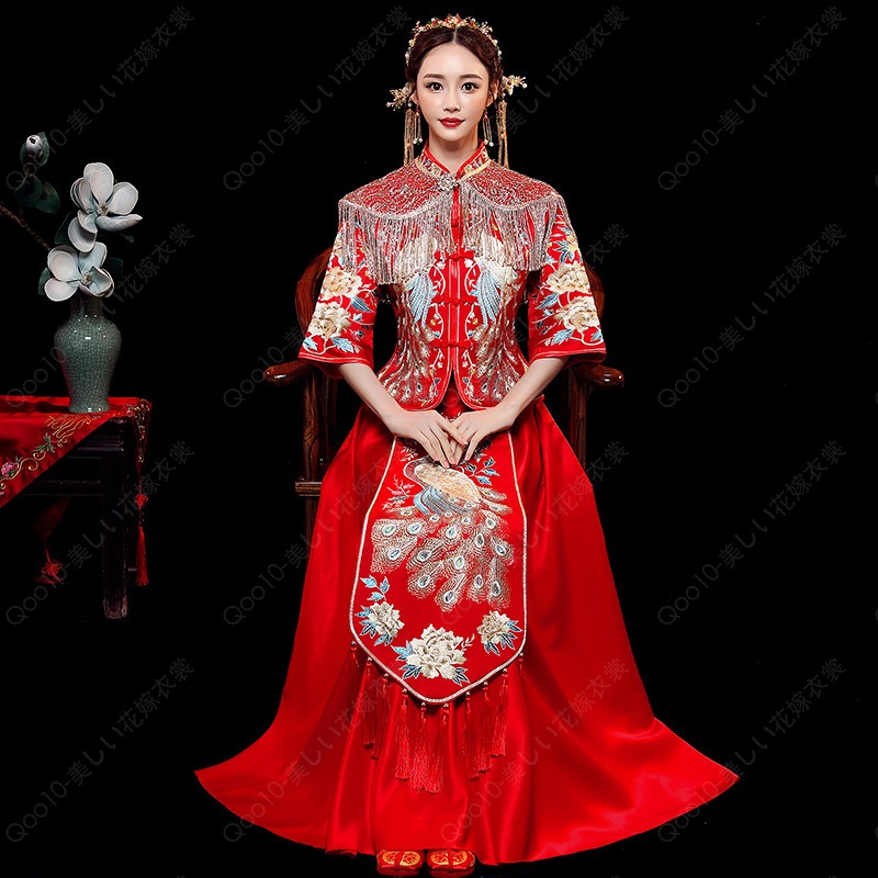 中国式単飄紅孔雀結婚秀禾服古典中国式手刺繍花嫁嫁入り着鳳凰冠霞帔-81 8,611円