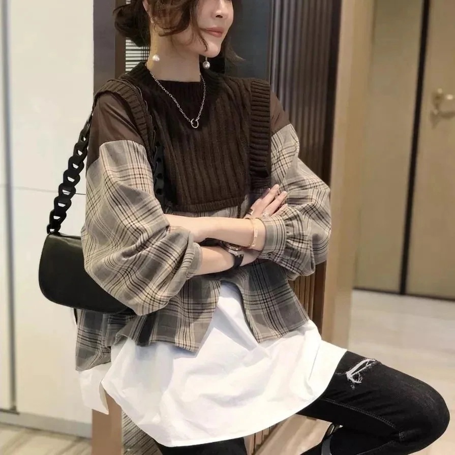 超人気商品 重ね着風 チェック柄 ニット 切り替え 不規則 シャツ1518