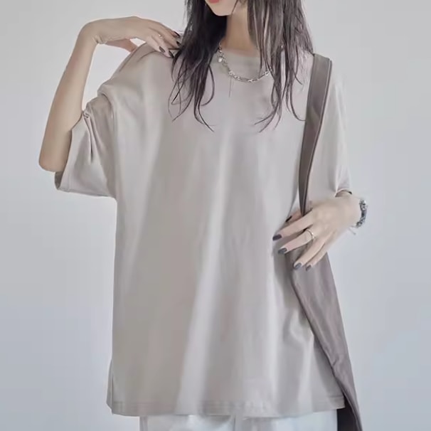 レディース トップス プルオーバー Tシャツ 半袖 ラウンドネック 襟なし ワイド オーバーサイズ ボーイッシュ スポーティー 伸縮性 かわいい 大人可愛い きれいめ シンプル カジュアル 上品