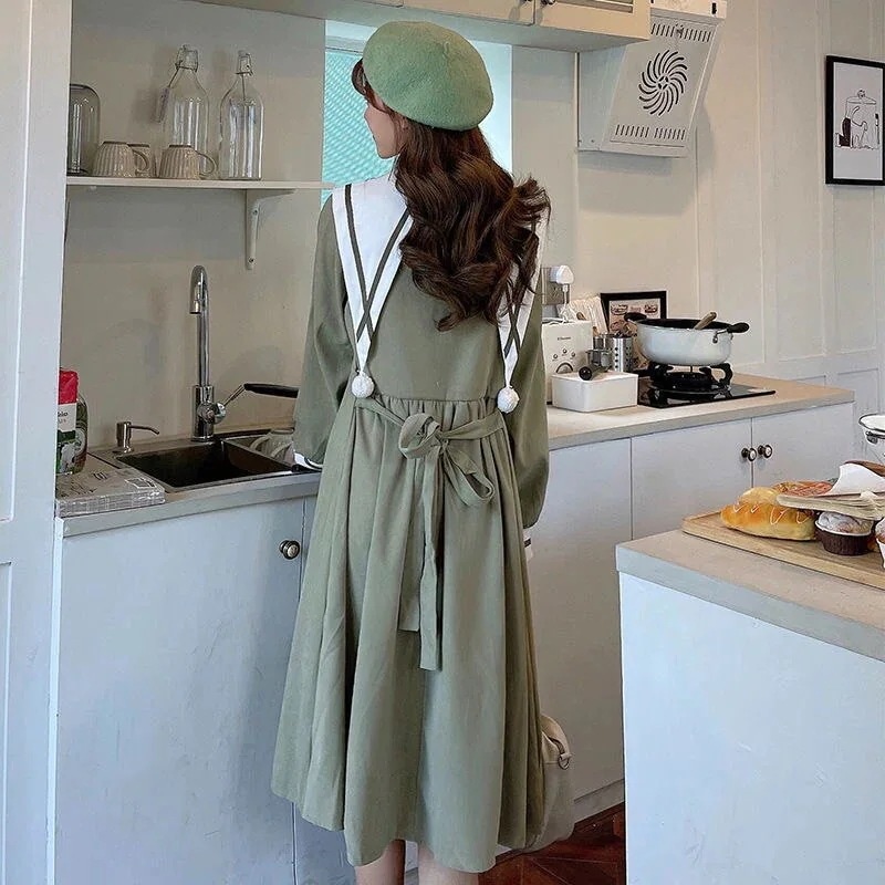 2023ファッション新作オリジナル春秋新作コーデュロイ長袖グリーンワンピースJKネイビーカラーワンピース