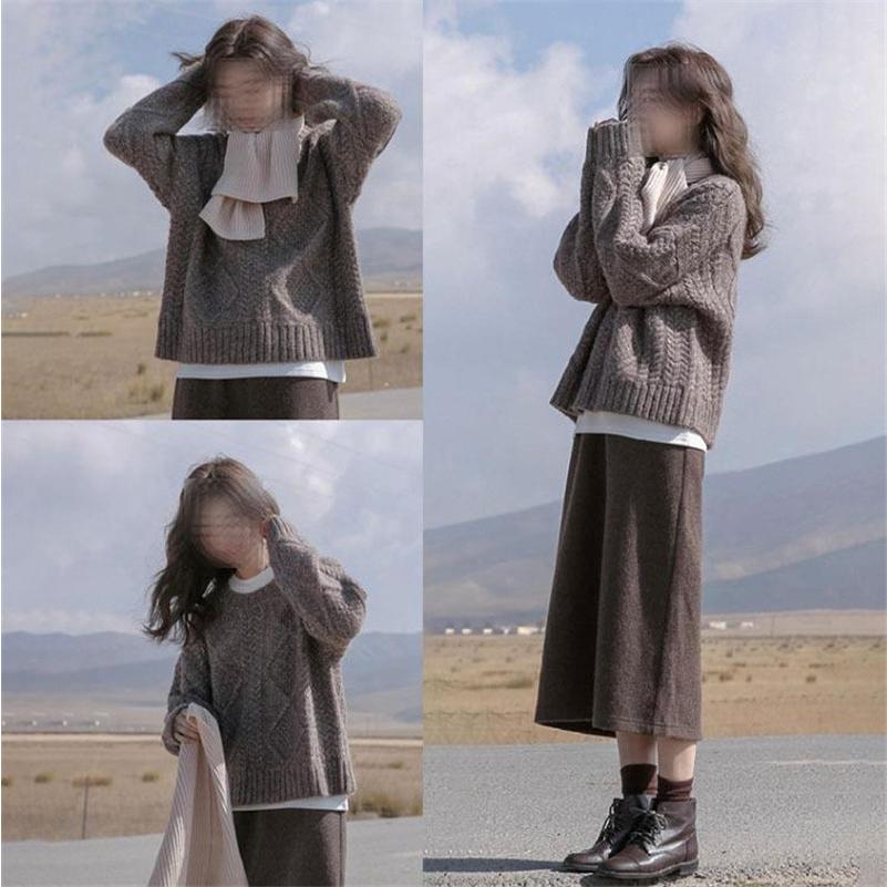 ニットセットアップレディース長袖ニットセーター2点セット上下セットニットスカートゆったりミディアムミモレプルオーバーインナースカート