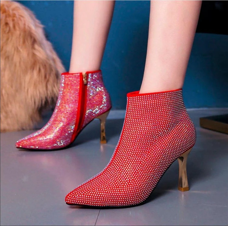 ファッション 裏起毛パンツ ブーティー 女性 との ラインストーン ゴールド ブライドメイドウェディングシューズ ハイヒール 女性 ワイルド スティレットシューズ