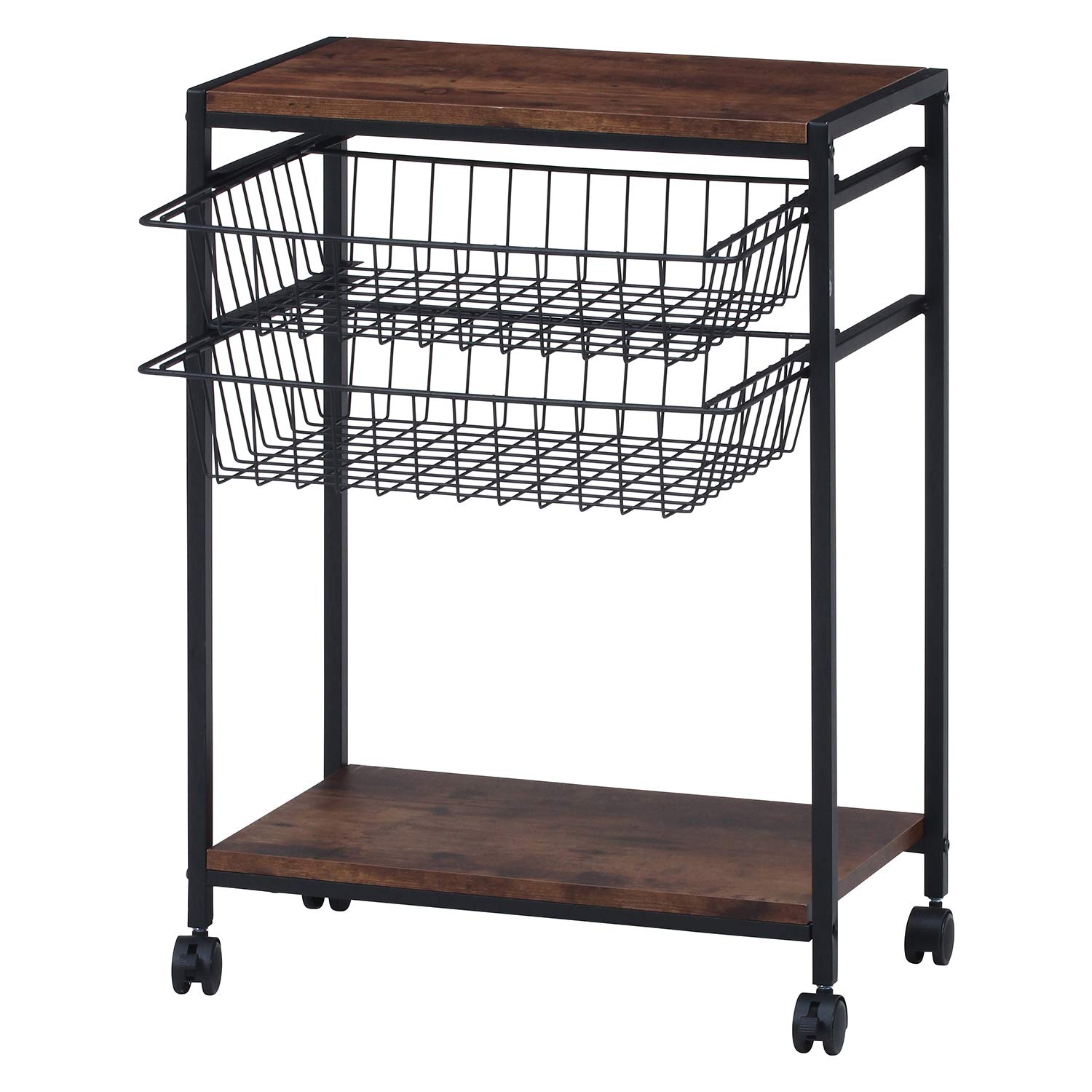 不二貿易 キッチンワゴン キッチンラック 幅52×奥行30×高さ70cm ブラウン ブラック ヴィンテージ調 収納カゴ キャスター付き ナビア 14661