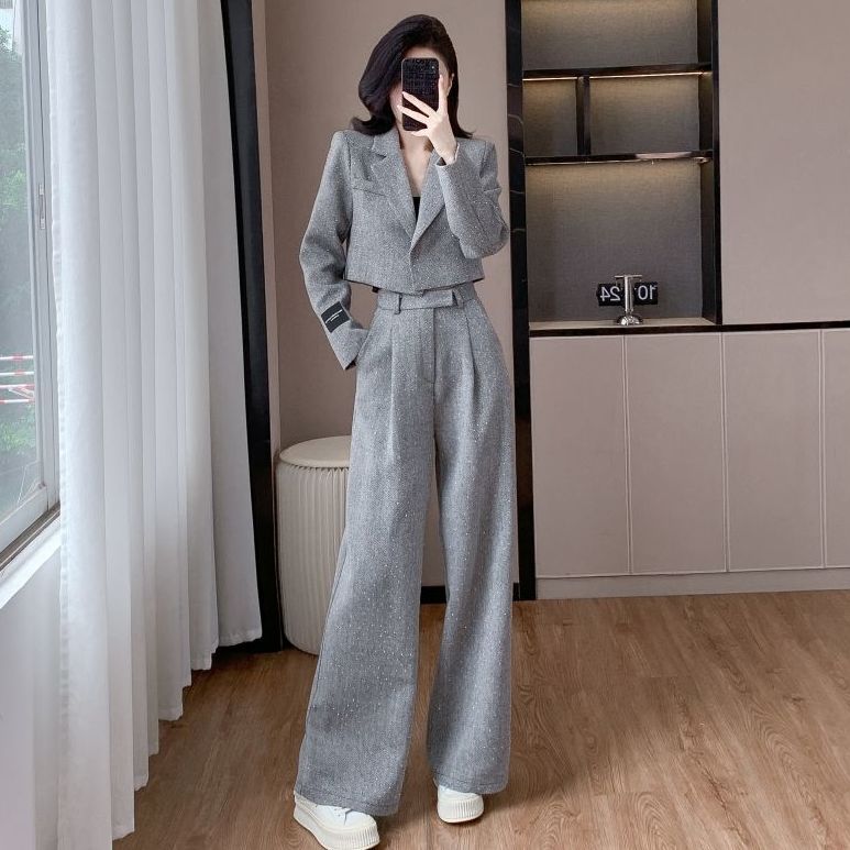 ダイヤモンド入りスモールスーツ女性用ファッションスーツ春秋ショートコートワイドパンツ2点セット