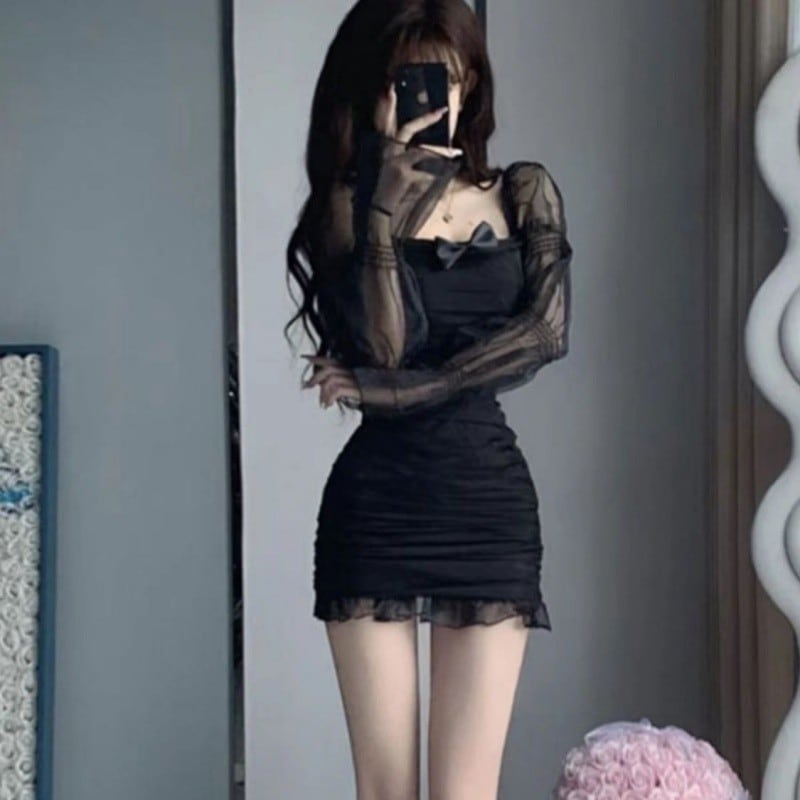 【1つ買うと10つ無料】ブラックピュアドレス女性春2025年春セクシーな薄いガーゼ長袖スリムプリンセススカート