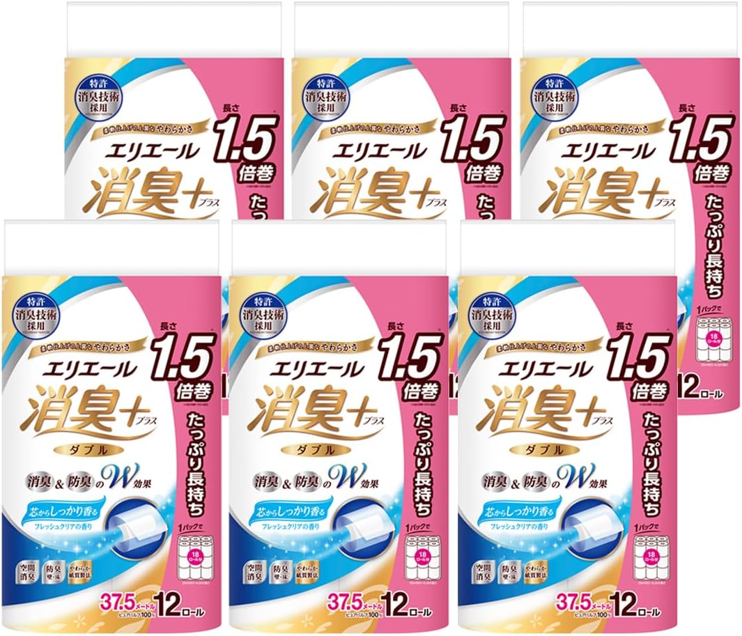 エリエール トイレットペーパー 消臭プラス + 1.5倍巻き 37.5m×72ロール 12ロール×6パック ダブル パルプ100% しっかり香るフレッシュクリアの香り ケース販売