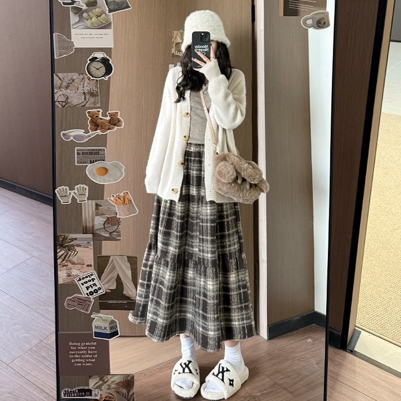 【1つ買うと10つ無料】春と秋の女性のための木製の格子縞のスカートはスリムで毛皮のプリーツケーキスカートを見せるためにハイウエストの怠 なスカート