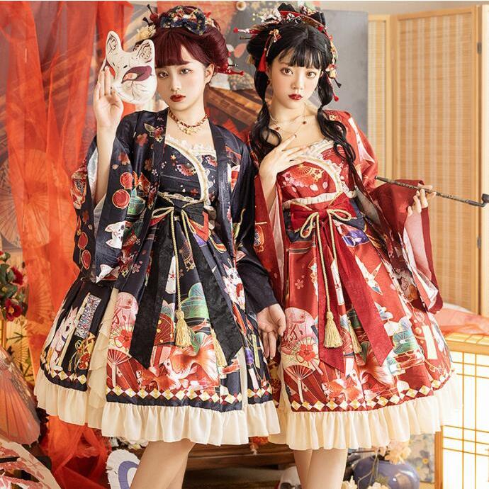 【ハロウィン 限定】ジャンパースカート 着物 ロリータワンピース ロリータ服 ハロウィン コスプレ衣装 花魁 おいらん 巫女 着物ドレス 膝丈 ショート丈 可愛い ゴスロリ ロリータド