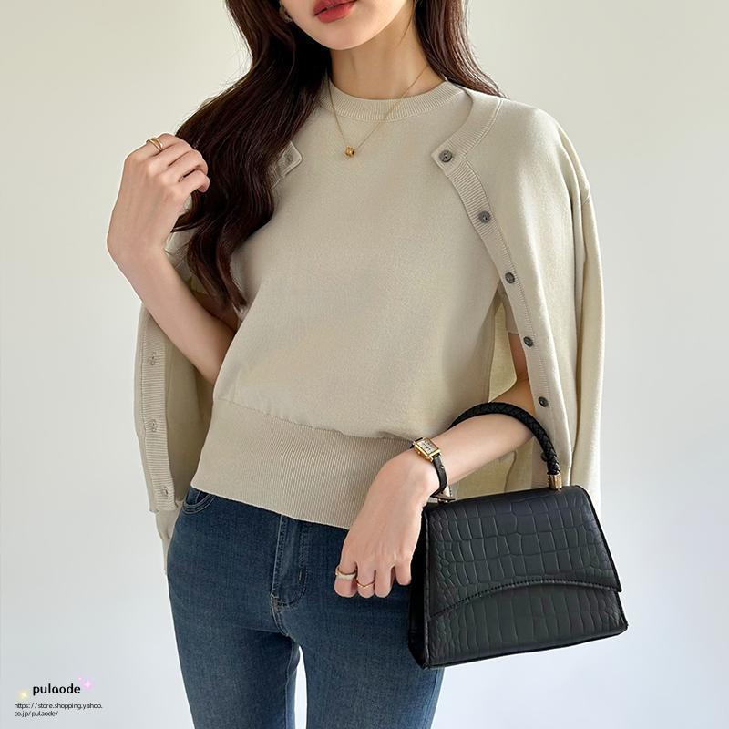 アンサンブル ニット カーディガン レディース きれいめ トップス 2点 セット 長袖 ニットカーディガン 五分袖 オフィス オフィスカジュアル セーター 半袖