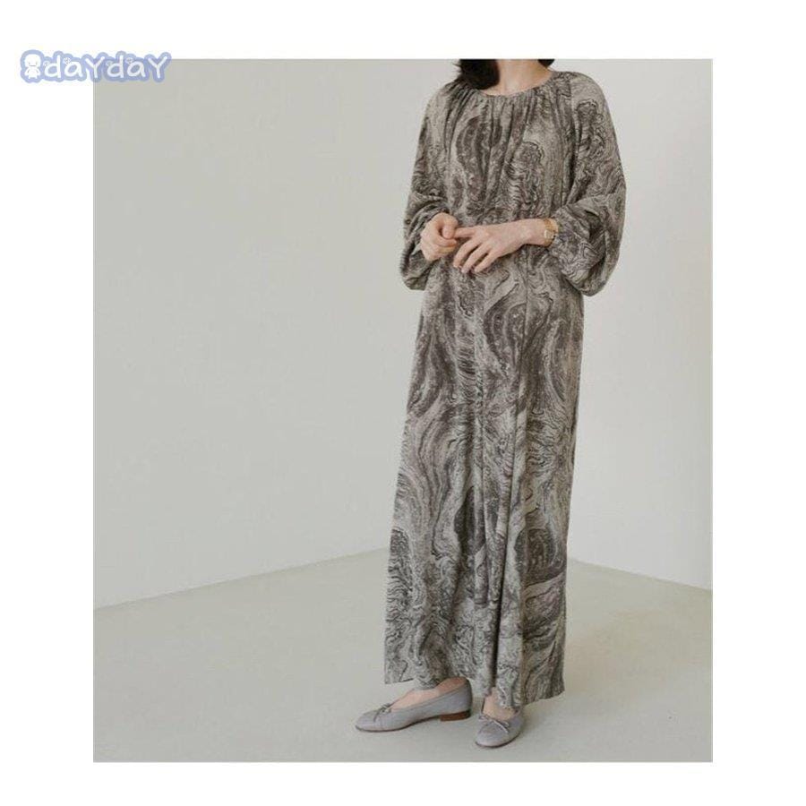 ワンピース ロングワンピース 長袖 ユッタリ ギャザー入り 柄 体型カバー 新作 大きいサイズあり 50代 40代 30代