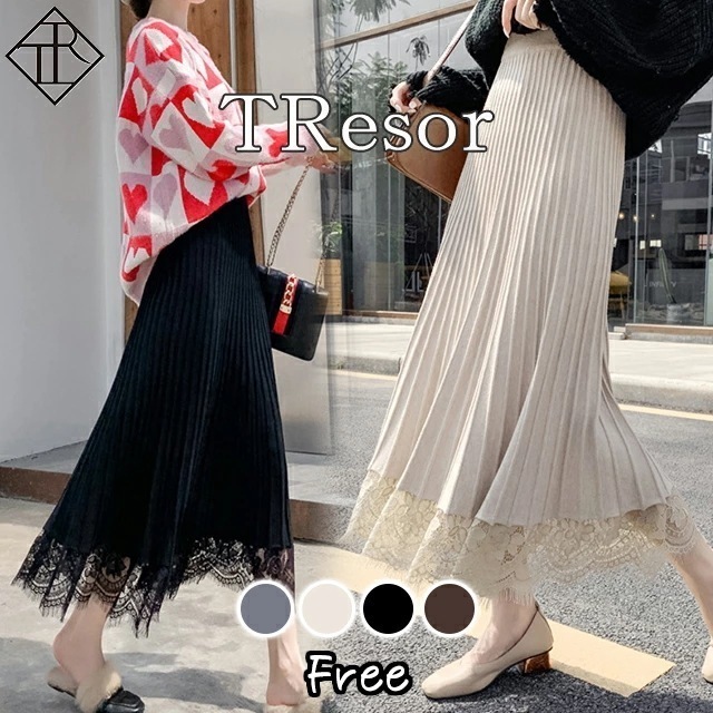 ２点で13o円OFF！【即納】スカート レディース ロング ボトム 大きいサイズ ミモレ ミディアム丈 マキシ 大人 スカート プリーツスカート フレア ユニーク レース 切り替え ニット 異素材ミッ