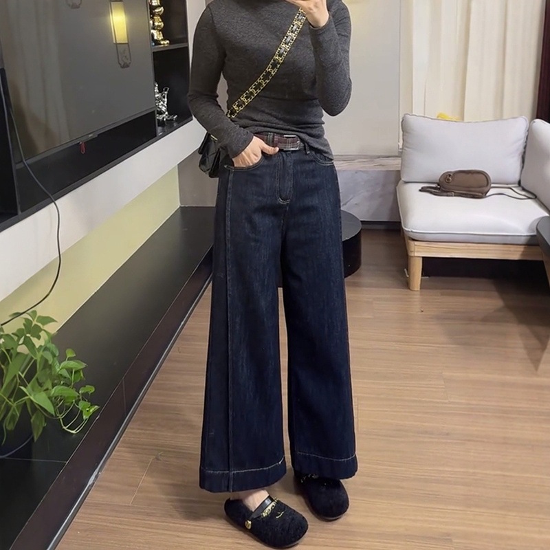 秋冬の女性用洋梨型痩身大きいサイズストレートジーンズにベルベットと肉厚感をプラスした9点ワイドパンツ