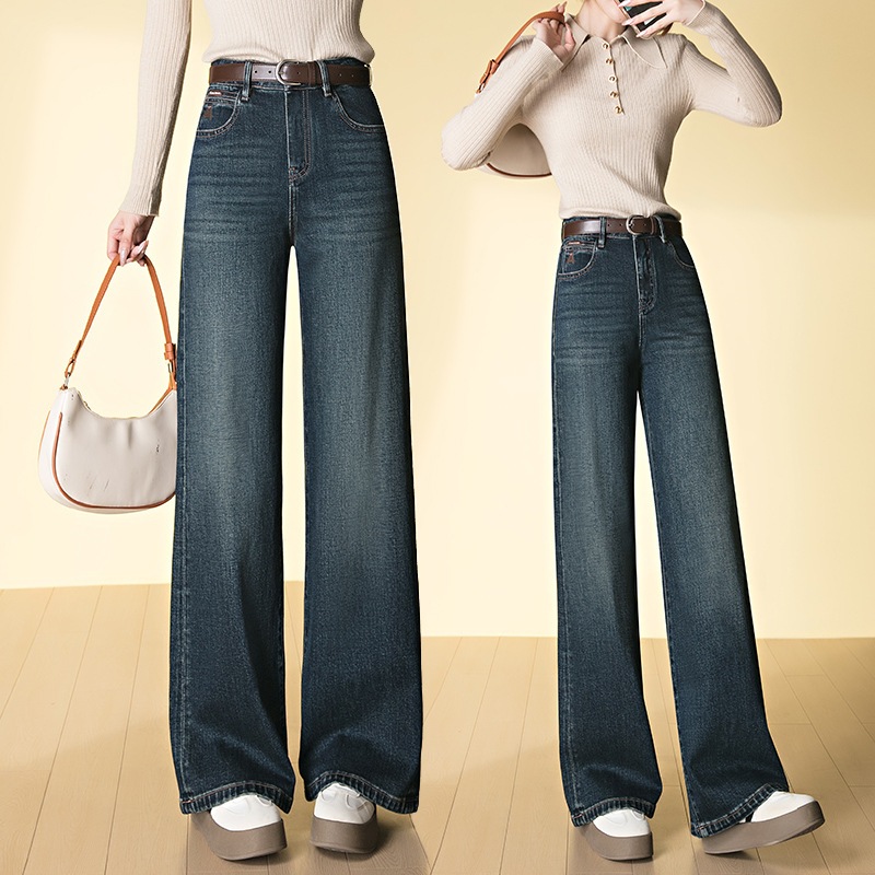 レトロブルーハイウエストジーンズレディース2025新作ドレープスリムストレートパンツエクストラロングナローワイドレッグパンツ 5,154円