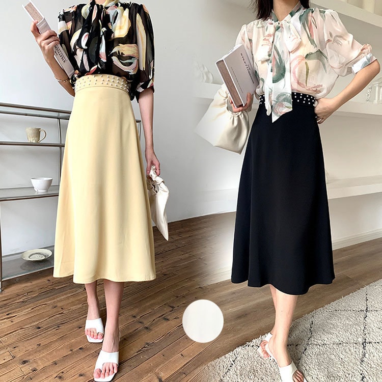 スカート Aライン 春秋 レディース 体型カバー 優雅 結婚式 二次会 同窓会 ミモレ丈 きれいめ お出かけ ハイウェスト フェミニン ブラック ホワイト 大人 洋装 パーティー ファッション 6,640円