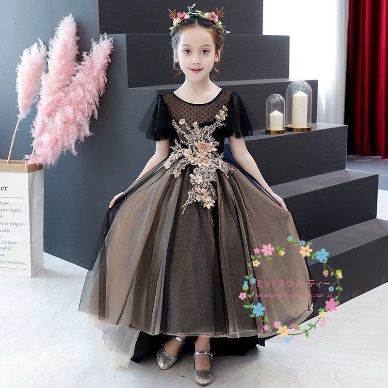 子供ドレス 結婚式 ロング 格安 長袖 キッズドレス カラー フラワーガールドレス 発表会 前ミニ丈
