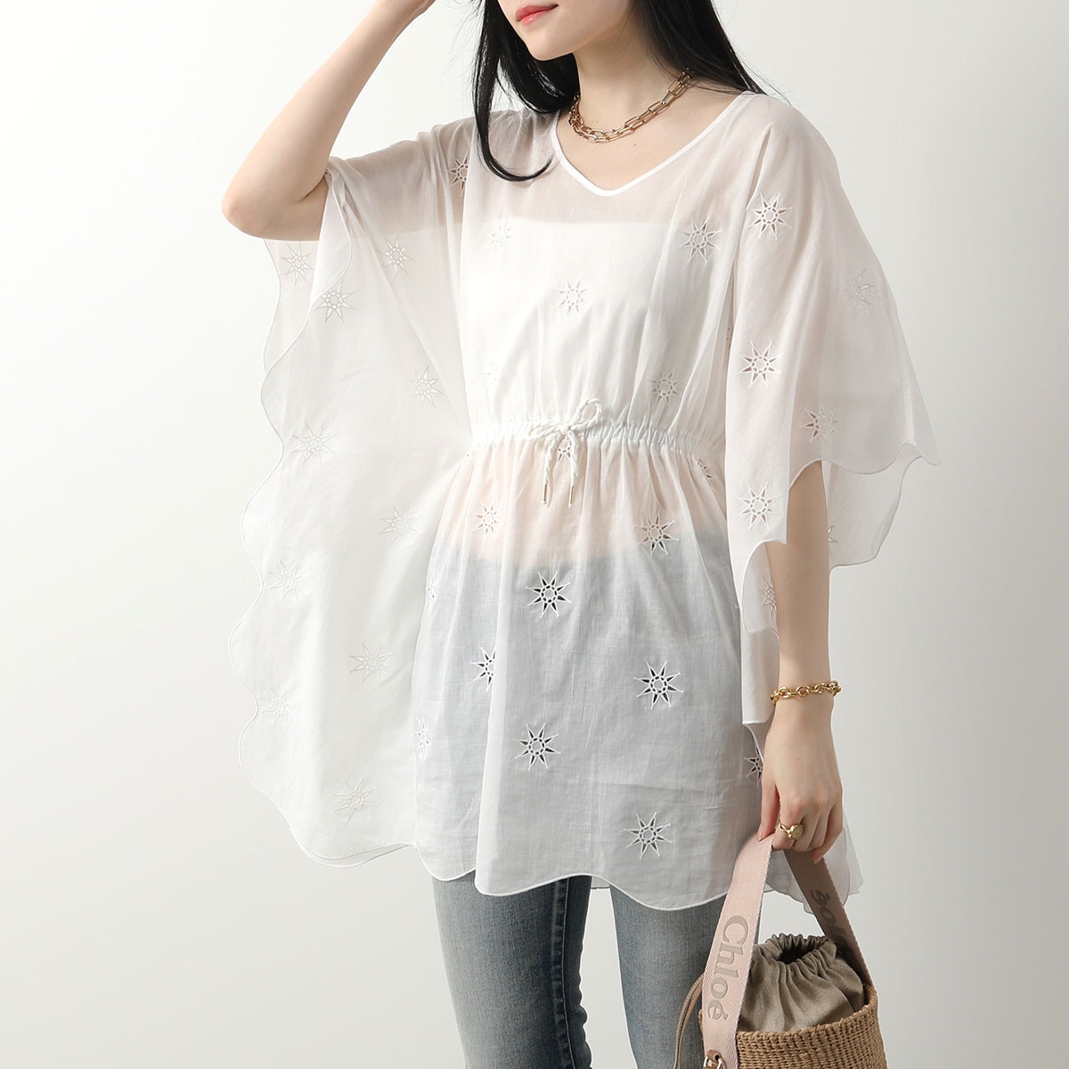 Chloe KIDS クロエ キッズ ブラウス C20062 レディース ガールズ 半袖 コットン Vネック 刺繍 スター 星 117/OFF-WHITE