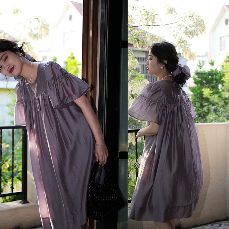 紫 ワンピース ロング/膝丈 Aライン 紫霧少女 テンセル パフスリーブ 無地 後リボン 体型カバー 可愛い
