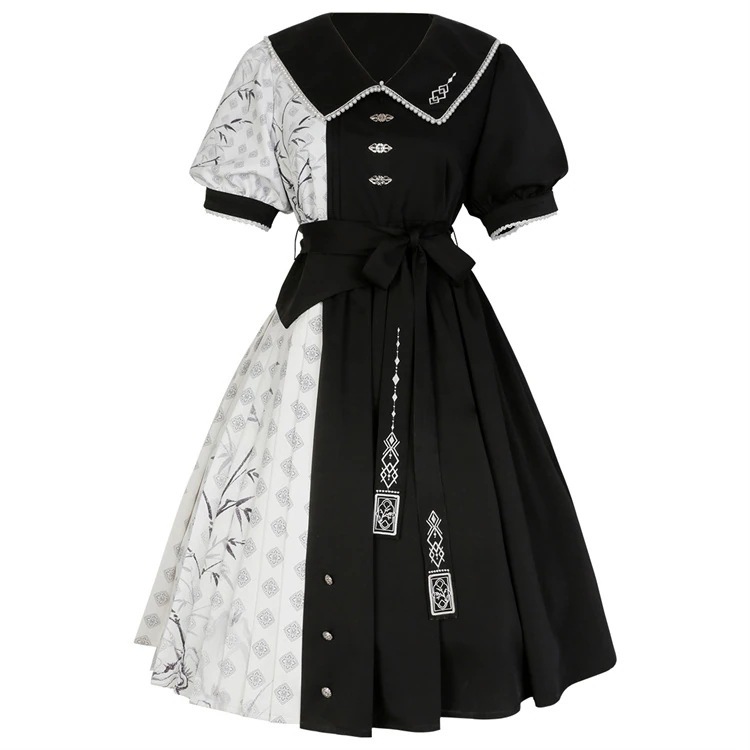 チャイナ風 ワンピース 半袖 切り替えワンピース 夏 黒色 中華服 竹 イベント デート 撮影 普段着