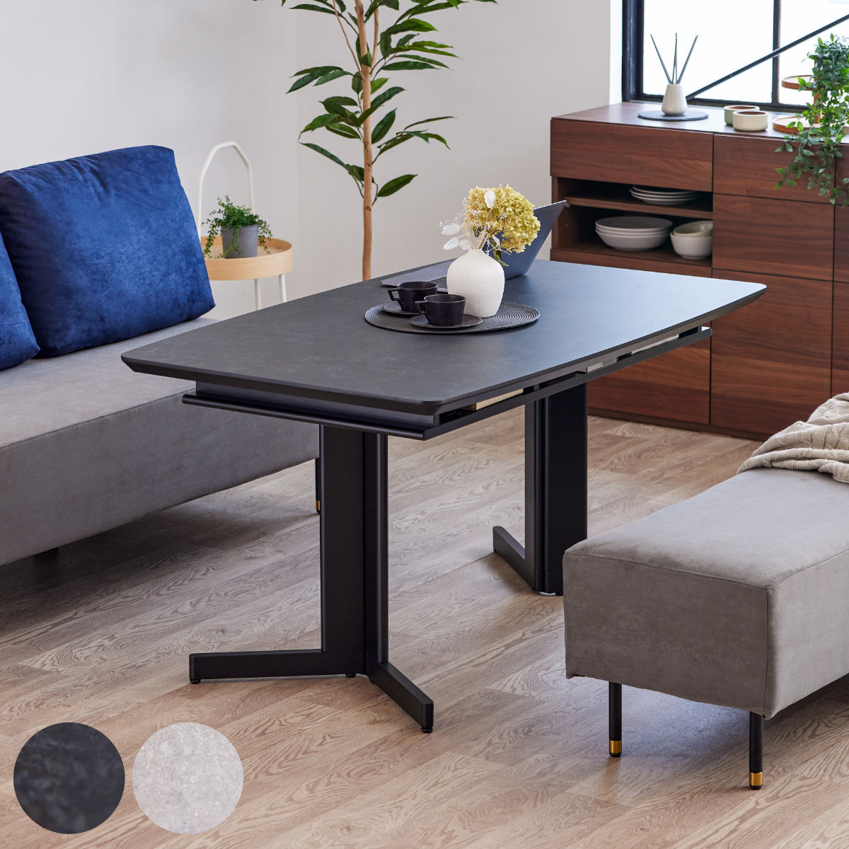 ダイニングテーブル 幅140cm 収納棚付 2人掛け 4人掛け コンパクト 食卓 ダイニング テーブル 石目調 ストーン調 高級感 スタイリッシュ 長方形 開梱設置