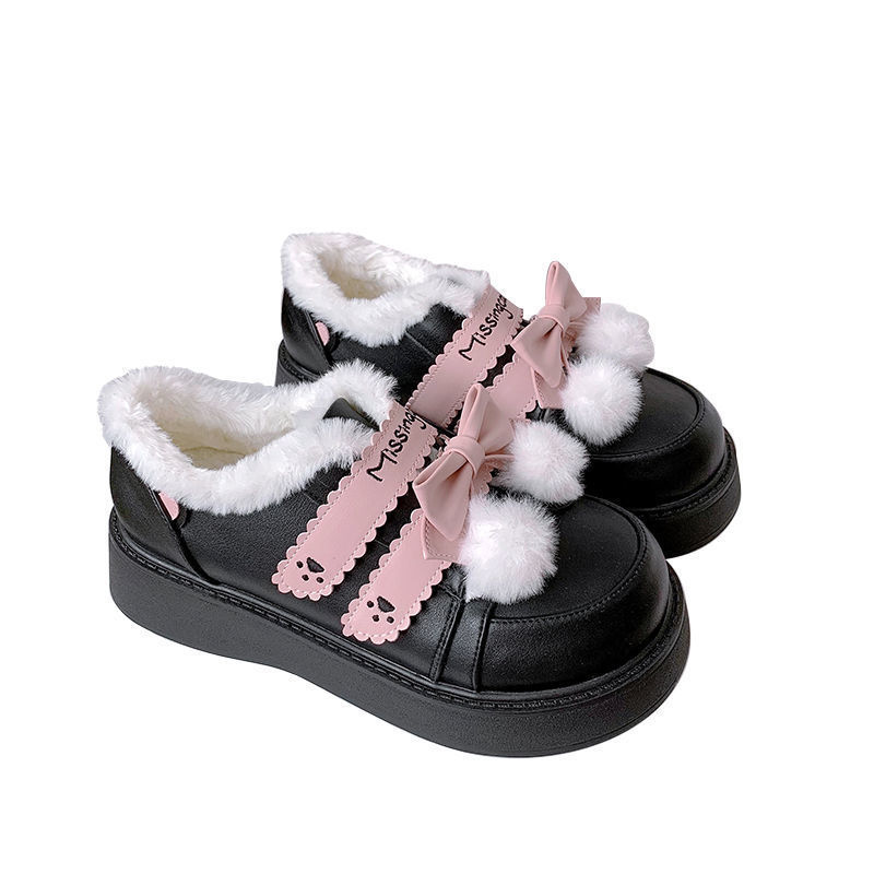 ロリタ靴 冬 ダウンブーツ まるあたま 厚底 リボン本 JK 靴