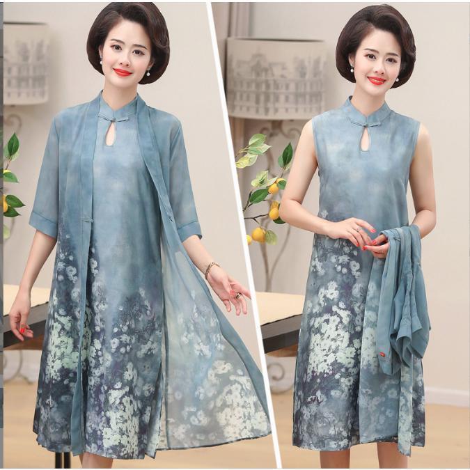 新規出店特典 レディース長袖薄手コート+花柄ワンピース2点セット チャイナ風 レトロ お呼ばれフォーマル40代50代60代 パーティードレス 二次会 おしゃれ