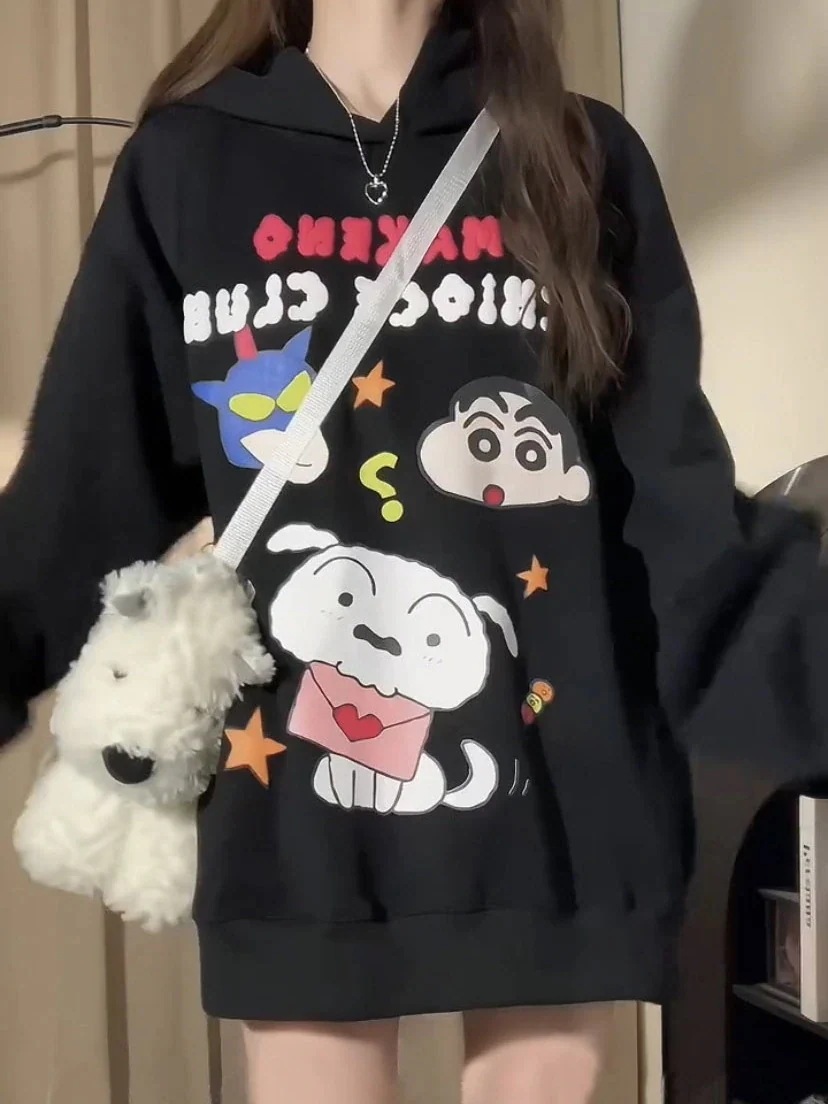 新しいかわいいクレヨンしんちゃん泡プリントフード付きスウェットシャツレディースシーズンルーズストリートカップルカジュアルトップス