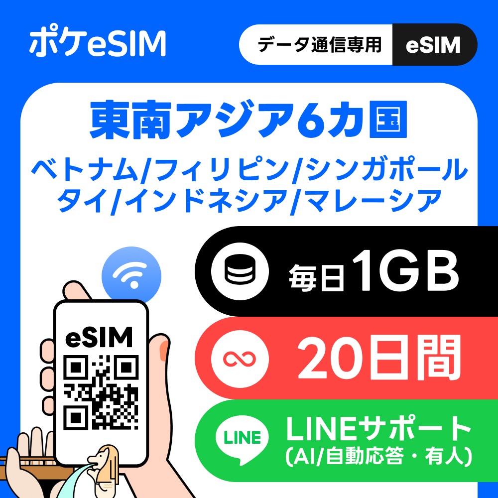 【購入後すぐ届く！】 東南アジア 6ヵ国 eSIM 毎日1GB 20日間 データ通信のみ 有効期限90日 Grabクーポンコード配布中