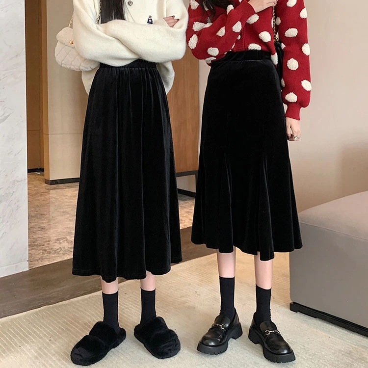 プリーツスカート 秋冬 ベルベット フリル ストレッチスカート ハイウエスト ゆとりがある ミディアムスカート 韓国ファッショ 着痩せ