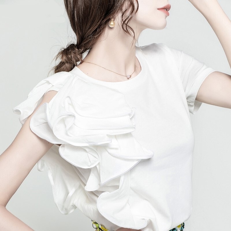 トップス Tシャツ カットソー プルオーバー 白トップス 半袖 クルーネック ストレート アシンメトリー フリル 切り替えデザイン ドッキング 綿 コットン かわいい 大人可愛い シンプル カジュアル