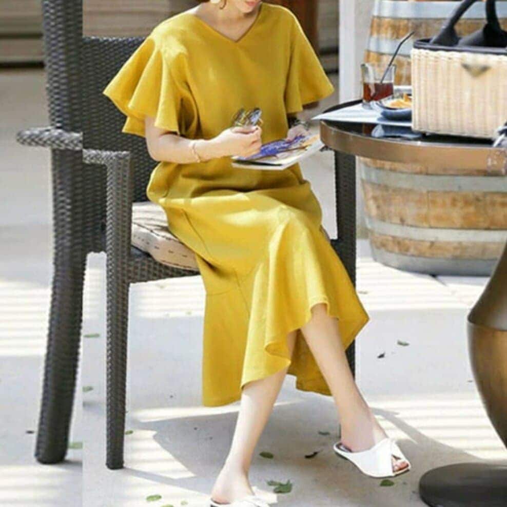 ワンピース　ロングワンピース　ロング　マキシ　マキシワンピース　シャツワンピース　袖あり 半袖 ラウンドネック Aライン プルオーバー フレア　フリル　ワイド　オーバーサイズ　シンプル　大人可愛い