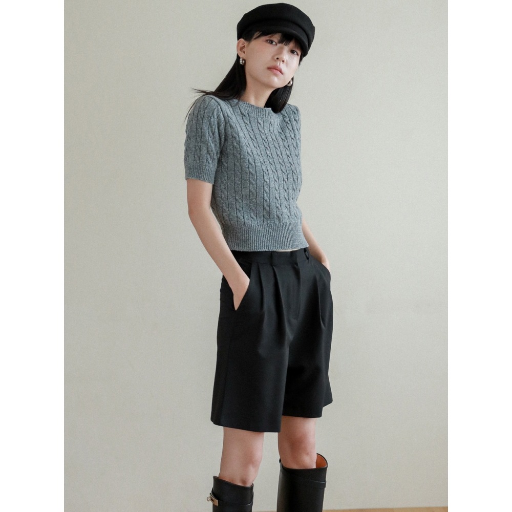 LOSSYROW ロッシーカシミヤケーブル半袖ラウンドニット ダークグレー