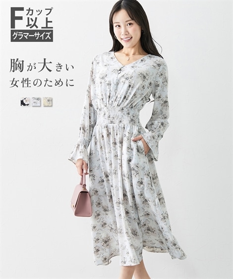 ロング・マキシ丈/半袖 大きい胸専用 キャンディスリーブ長袖花柄ワンピース