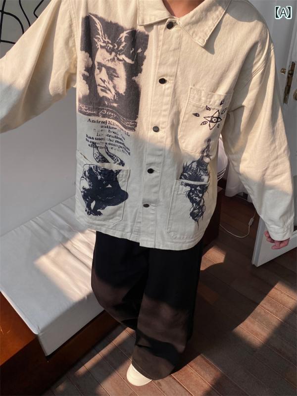 デニムジャケット メンズ アメリカン レトロ アウター ロゴ 春秋 大きいサイズ 韓国 おしゃれ ベージュ