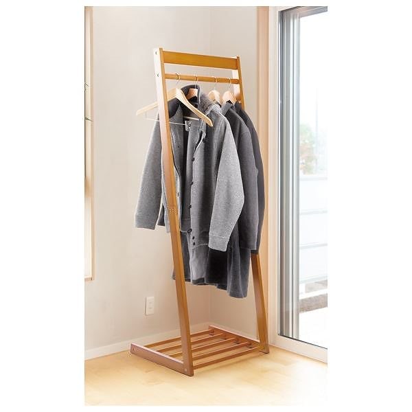 天然木 L型 ハンガーラック/コートハンガー [ブラウン 幅50cm] 棚付き 木製 ロングコート可