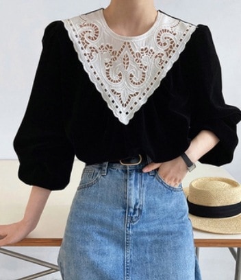 ベルべット生地長袖トップス パフスリーブ 刺繍 襟付き 袖あり ベルベット生地 シック 爽やか スタイル 可愛い きれいめ シンプル カジュアル 上品 おしゃれ かっこいい レトロ