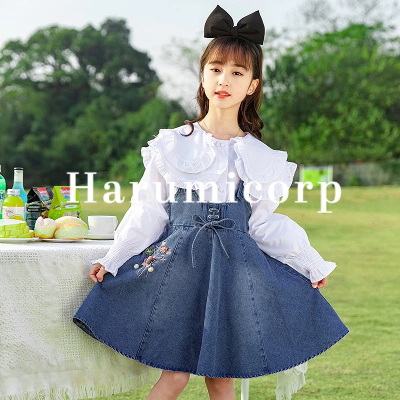 子供服 女の子 セットアップ 春秋 韓国子供服 ワンピース セット 長袖 ブラウス白 シャツ +デニムワンピース 160センチ トップス こども服 ジュニア おしゃれ 可愛い 170cm 16