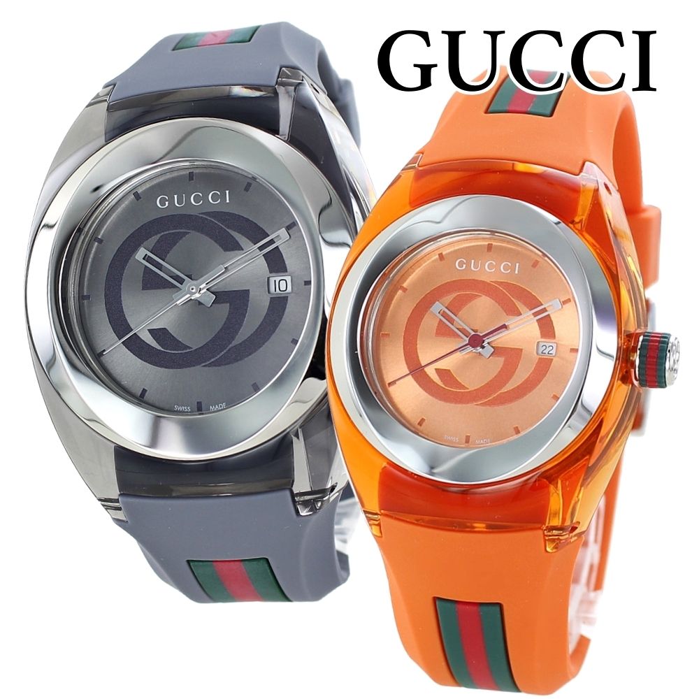 ペアウォッチ グッチ 腕時計 手表 ペアギフト プレゼント 誕生日 結婚祝い 結婚記念日 高級 時計 GUCCI SYNC シンク ラバー グレー オレンジ 夫婦 カップル ペア 婚約 結婚 ギフト