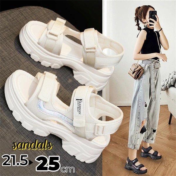 スポーツサンダル 厚底 レディース ヒール約5cm ベルクロ ベルト コンフォート 歩きやすい 軽量 美脚効果 スポサン 厚底サンダル ビーチサンダル 厚底靴 カジュアル 夏 黒 ホワイト 21.5