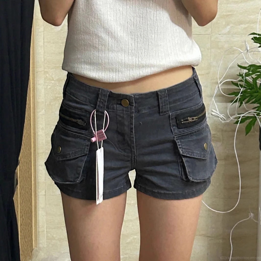 プラスサイズデザインのアメリカンレトロカーゴデニムショートパンツ（女性用）2025年夏ゆったりフィット複数のポケットスリミングホットパンツ